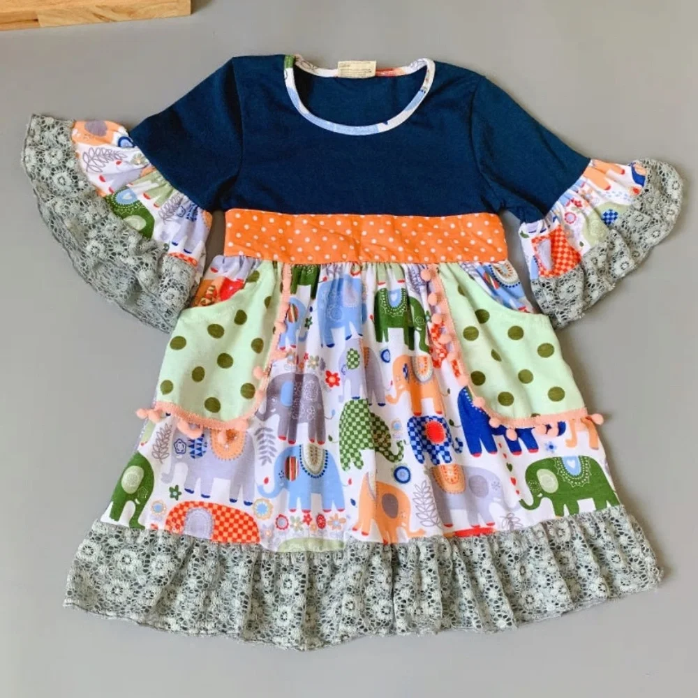 Boutique Elephant Short Sleeve Ruffle Dress